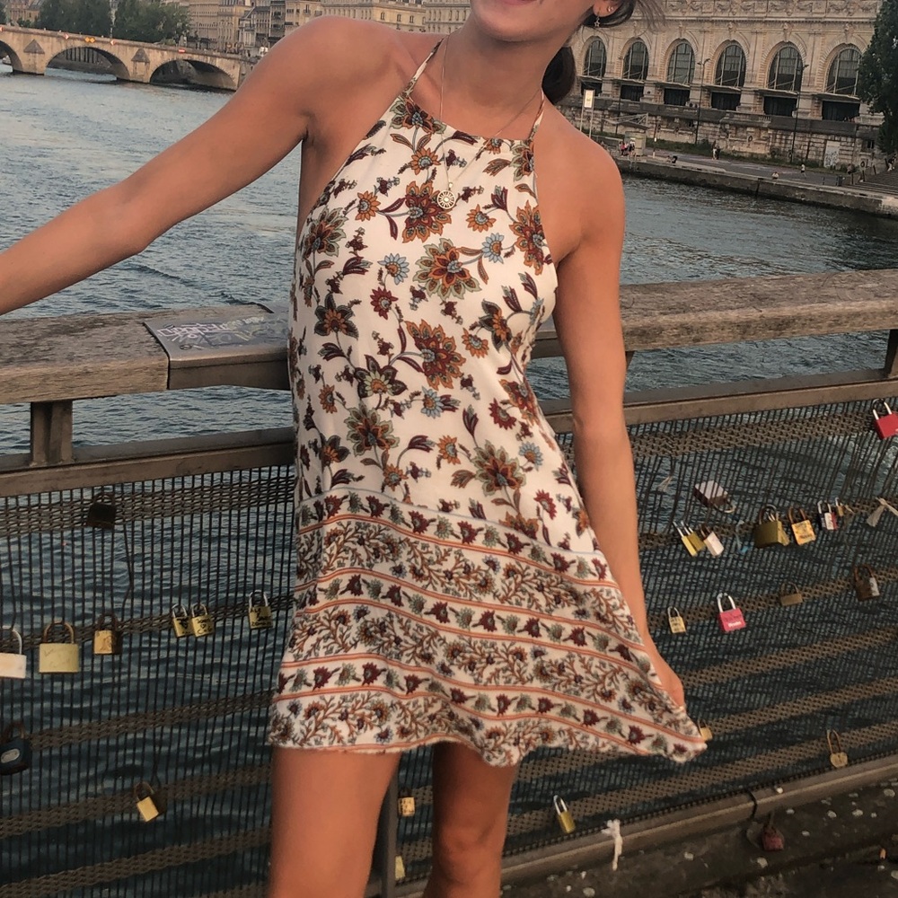 Tobi Floral Halter Dress - Cream and Brown